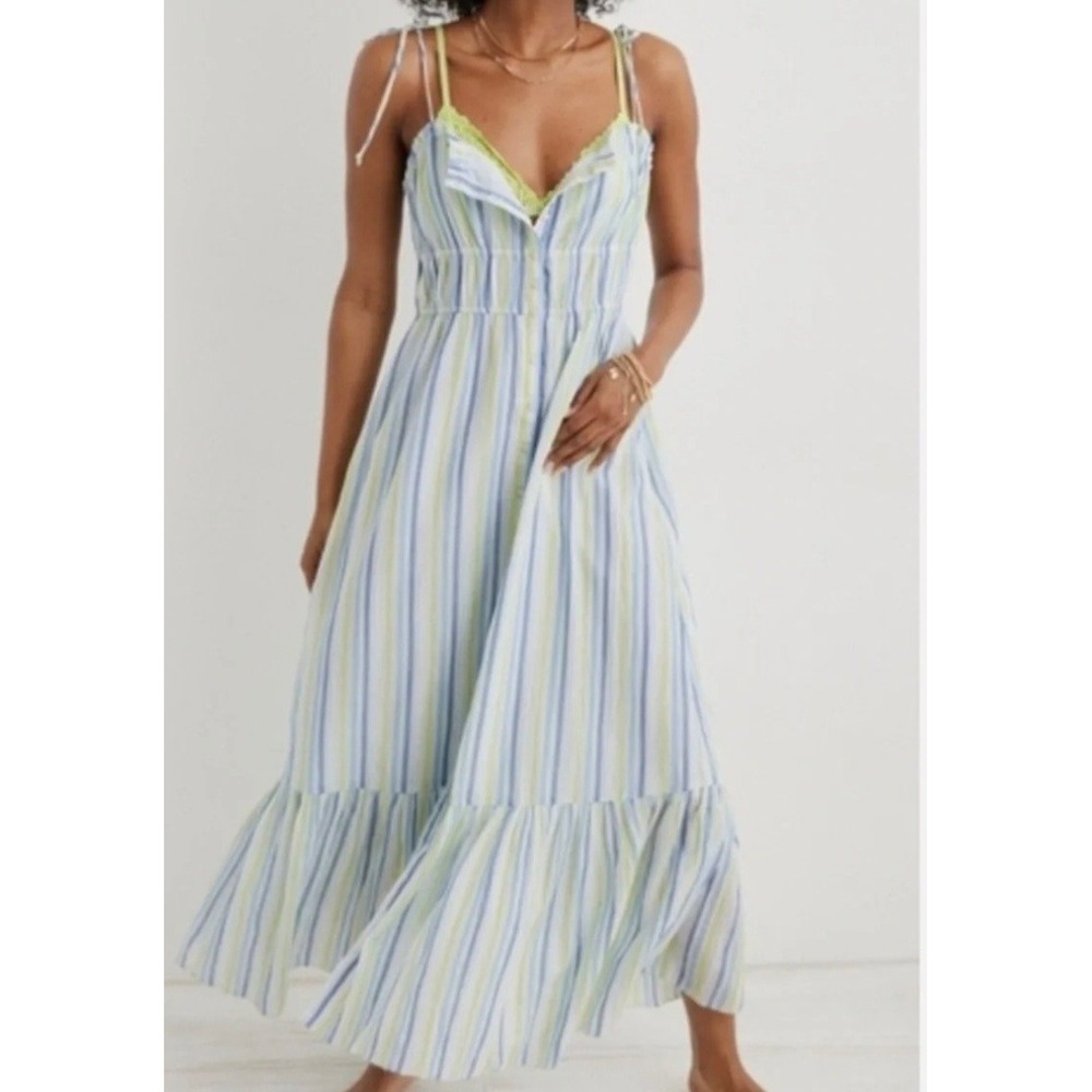 Aerie Striped Cotton Button Front Tie Shoulder Boho Maxi Dress Size XXL